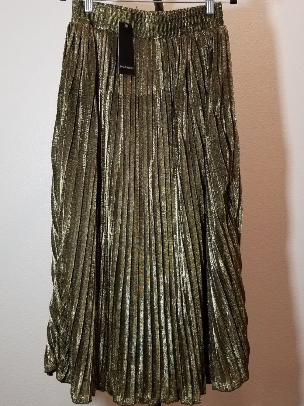 Liv Los Angeles Womens Small Gold Metallic Pleated Midi‎ Skirt City Party NWT